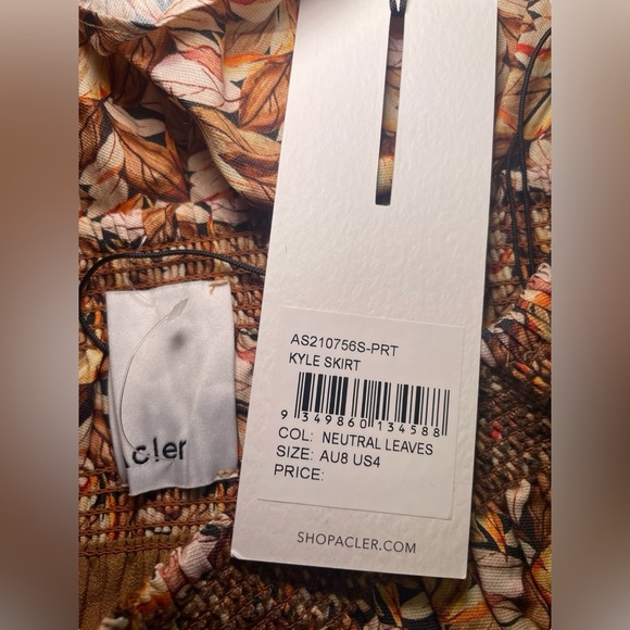 Acler New Kyle Skirt Neutral Leaves Smocked Mini Size 4 - Picture 4 of 6